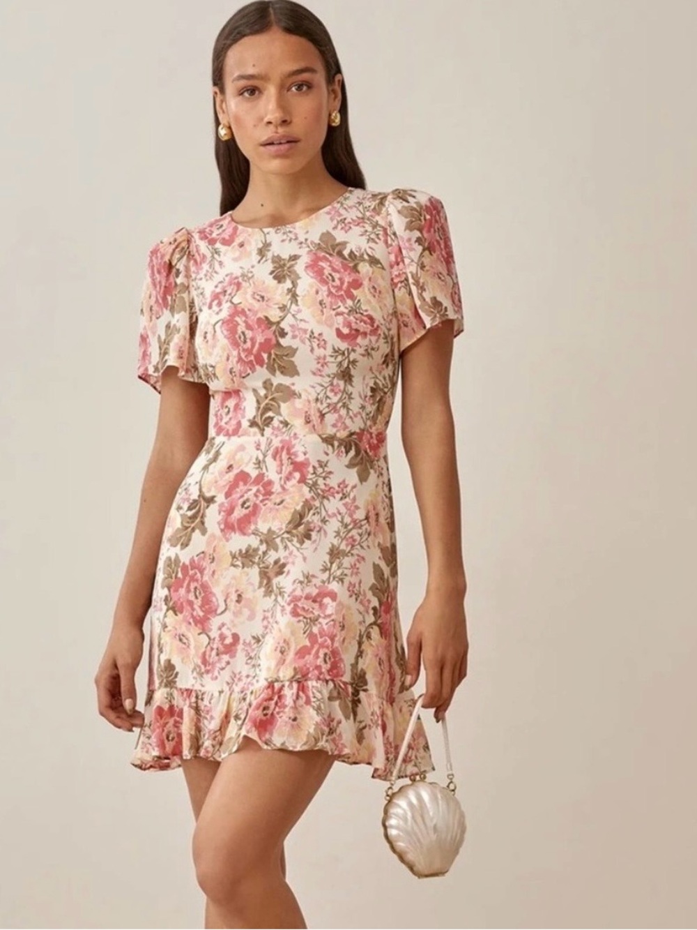 REFORMATION Beesley Ruffle Pink Floral Farrah Dress